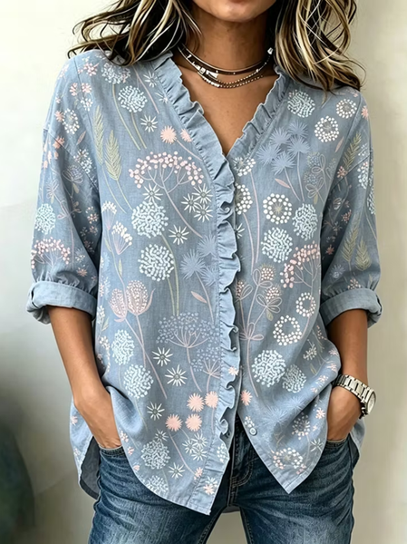 Women Floral V Neck Long Sleeve Shirt Casual Daily Spring/Fall Top