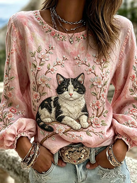 Women Floral Crew Neck Long Sleeve Blouse Printing Vintage Daily Spring/Fall Top