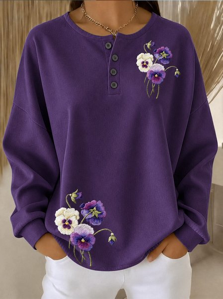 Women Animal Henley Collar Casual Spring/Fall Long Sleeve Sweatshirt