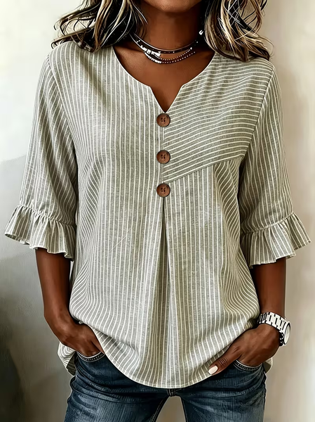Women Striped V Neck Half Sleeve Blouse Printing Vintage Daily Summer Top