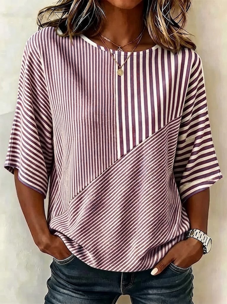 Crew Neck Half Sleeve Striped Printing Regular Micro-Elasticity Regular Fit Blouse For Women