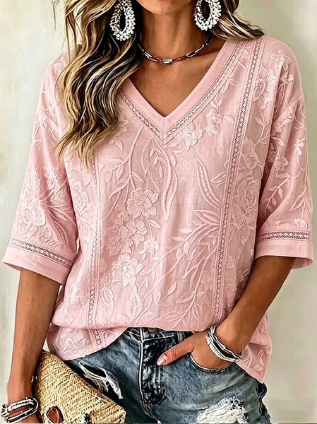 Casual Floral V Neck Half Sleeve T-shirt