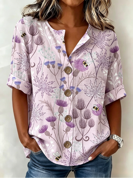 V Neck Half Sleeve Floral Regular Loose Shirt For Women