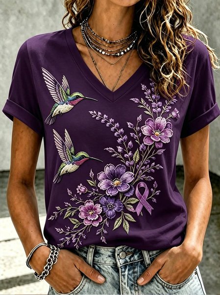 Women Geometric Short Sleeve Tee T-shirt V Neck Casual Summer Top