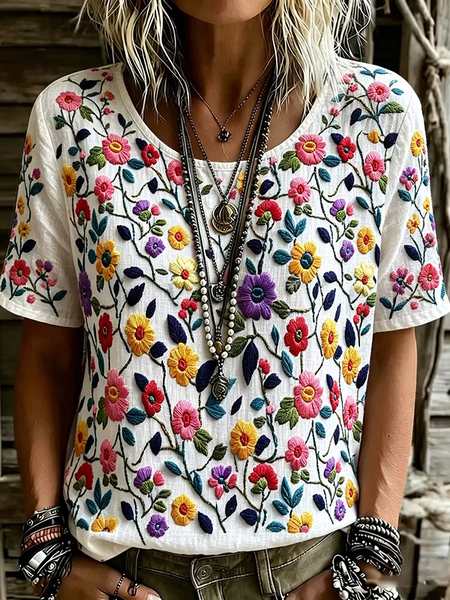 Casual Floral Crew Neck Short Sleeve T-shirt