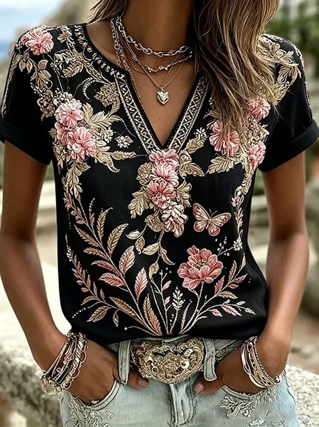 Casual Floral Notched Short Sleeve T-shirt