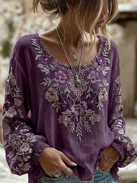 Crew Neck Long Sleeve Floral Printing Regular Micro-Elasticity Regular Fit Blouse For Women