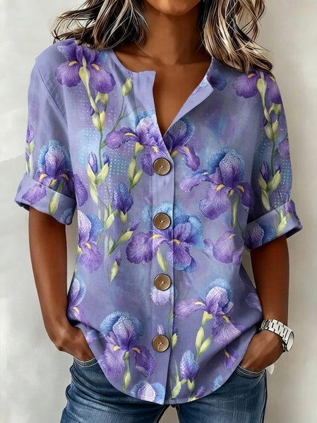 

Women Floral V Neck Half Sleeve Shirt Casual Daily Summer Top, Purple, Shirts & Blouses