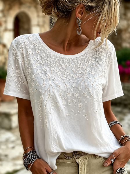 Women Floral Short Sleeve Tee T-shirt Crew Neck Printing Casual Summer Top