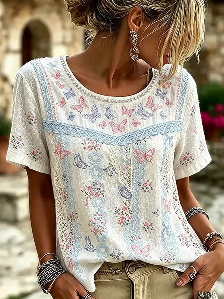 Vintage 3D Printing Crew Neck Short Sleeve T-shirt