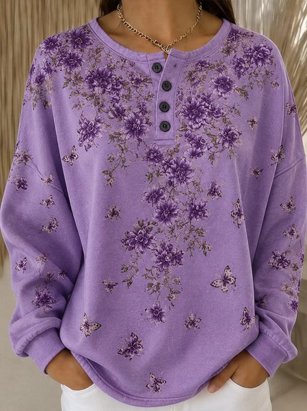Women Floral Henley Collar Casual Spring/Fall Long Sleeve Sweatshirt