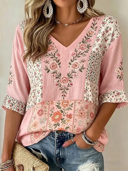 Women Floral V Neck Half Sleeve Blouse Casual Daily Summer Top