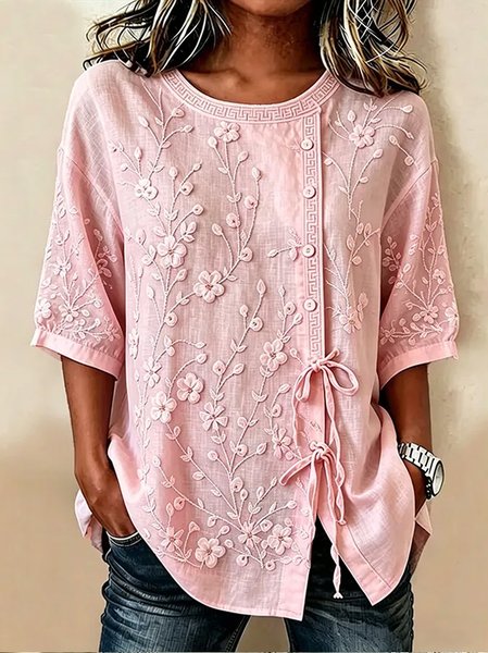 Crew Neck Half Sleeve Striped Lightweight Micro-Elasticity Regular Fit Shirt For Women