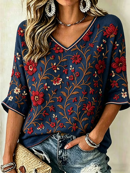 Women Floral V Neck Half Sleeve Blouse Casual Daily Summer Top