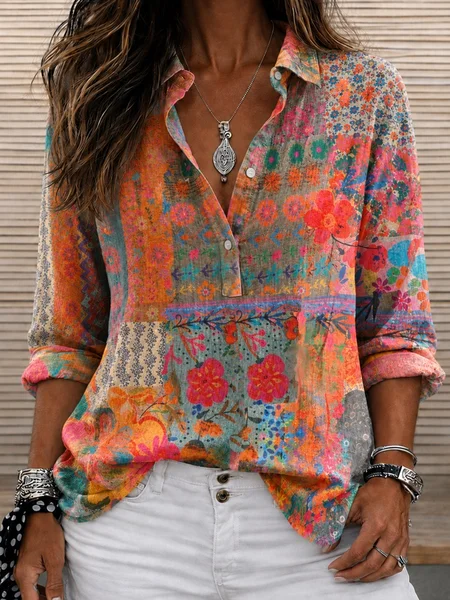 Women Floral Shawl Collar Long Sleeve Shirt Casual Daily Spring/Fall Top