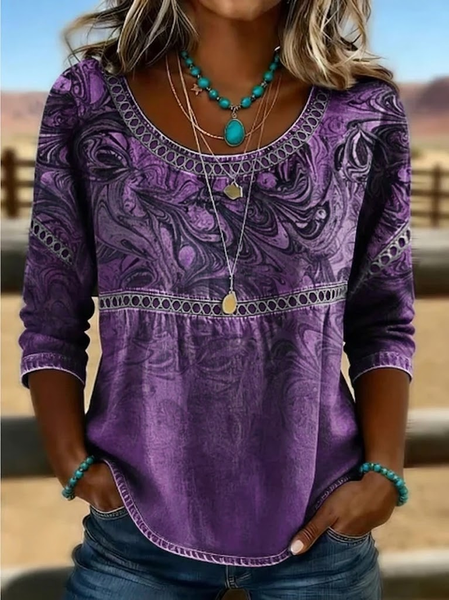 Women Abstract Crew Neck Half Sleeve Blouse Printing Casual Daily Summer Top