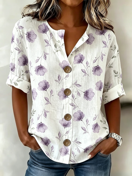 Women Floral V Neck Half Sleeve Shirt Casual Daily Summer Top