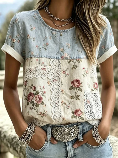 Women Floral Short Sleeve Tee T-shirt Crew Neck Printing Casual Graphic Tee Summer Top