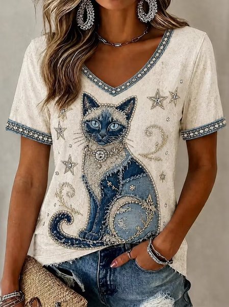 Women Floral Short Sleeve Tee T-shirt V Neck Casual Summer Top