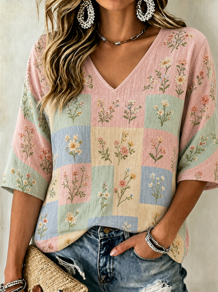 Women Floral V Neck Half Sleeve Blouse Casual Daily Summer Top