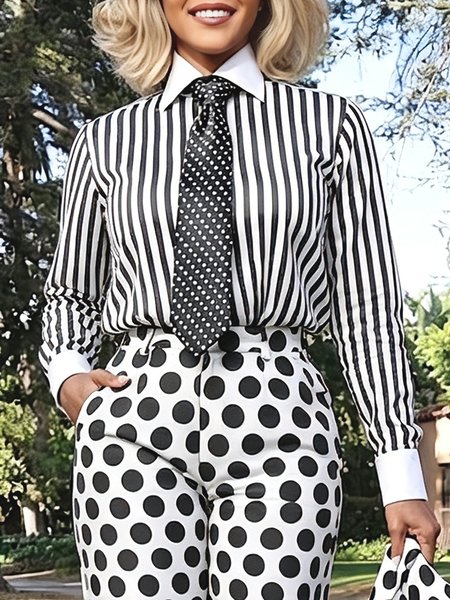 Urban Striped Lapel Collar Long Sleeve Tie Shirt