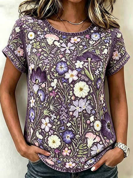 Women Floral Short Sleeve Tee T-shirt Crew Neck Printing Casual Summer Top