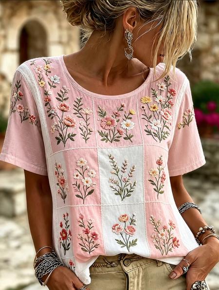 Casual Floral Crew Neck Short Sleeve T-shirt