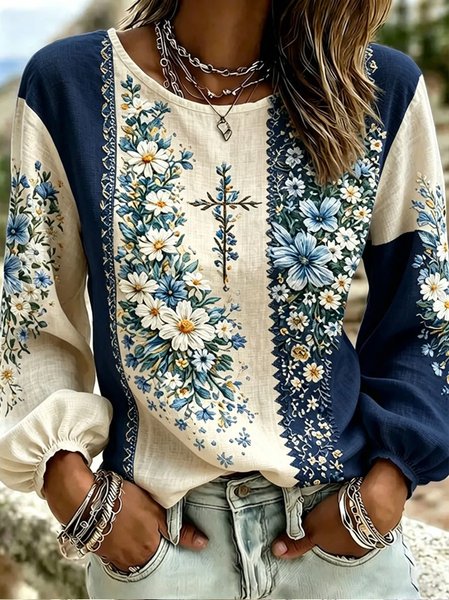 Crew Neck Long Sleeve Floral Lightweight Micro-Elasticity Loose Blouse For Women