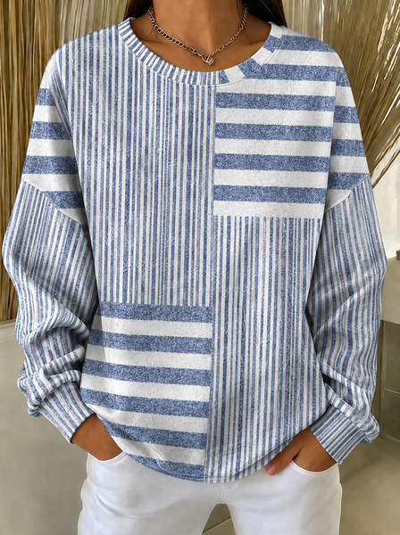 Casual Crew Neck Abstract Stripes Sweatshirt