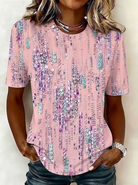 Women Abstract Short Sleeve Tee T-shirt Crew Neck Printing Casual Graphic Tee Summer Top