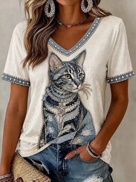 Casual Floral V Neck Short Sleeve T-shirt
