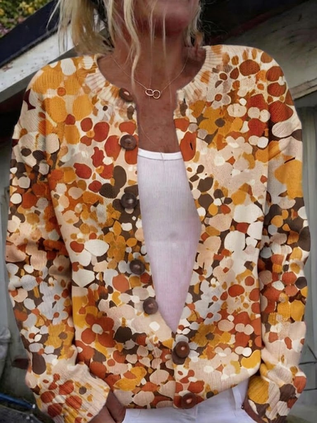 Women Abstract Long Sleeve Crew Neck Vintage Spring/Fall Cardigan Outerwear