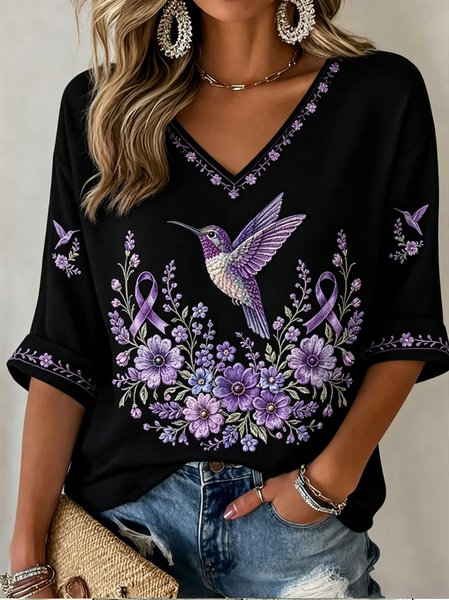 Women Floral Half Sleeve Tee T-shirt V Neck Vintage Summer Top
