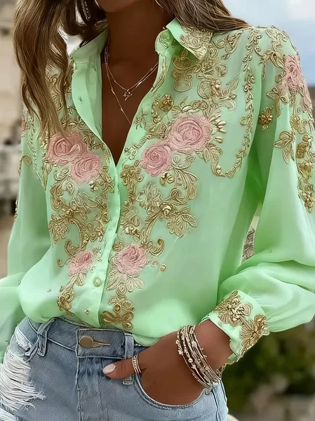 Women Floral Shirt Collar Long Sleeve Shirt Vintage Daily Spring/Fall Top