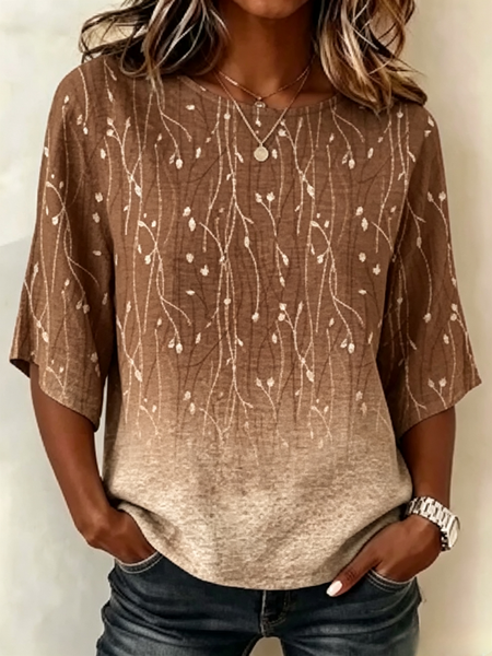 Crew Neck Half Sleeve Ombre Regular Micro-Elasticity Regular Fit Blouse For Women