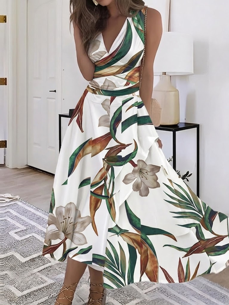 Women Floral Summer Dress V Neck Sleeveless A-Line Dress