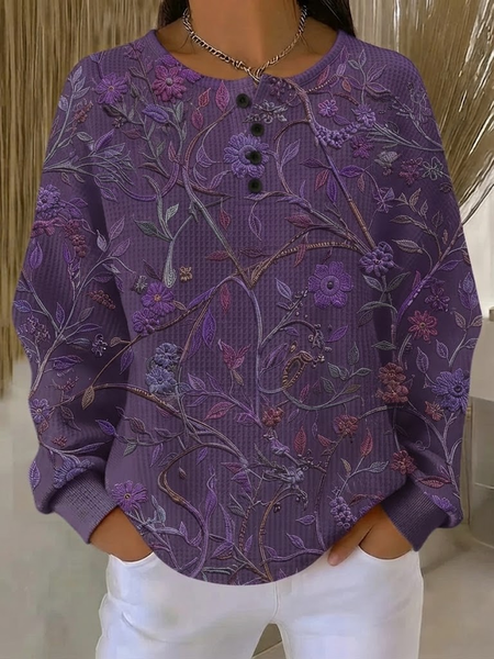 Casual Crew Neck Floral Sweatshirt Printing