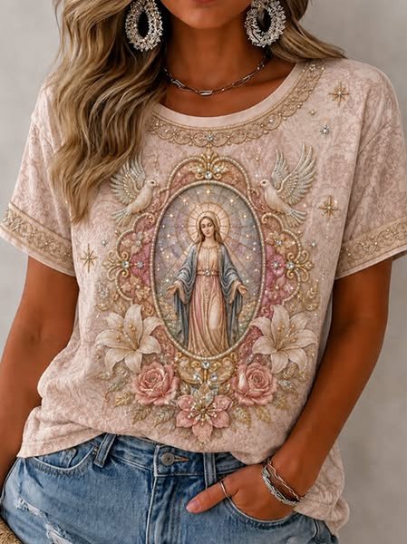 Women Floral Short Sleeve Tee T-shirt Crew Neck Casual Summer Top