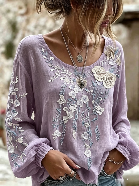 Women Floral Crew Neck Long Sleeve Blouse Vintage Daily Spring/Fall Top