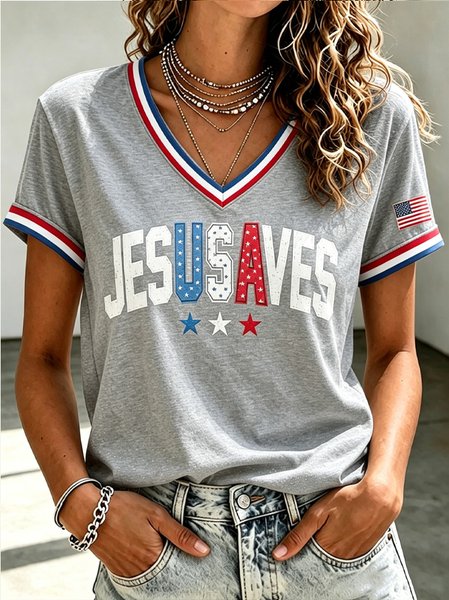 Women Geometric Short Sleeve Tee T-shirt V Neck Casual Summer Top