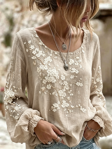 Women Floral Crew Neck Long Sleeve Blouse Vintage Daily Spring/Fall Top