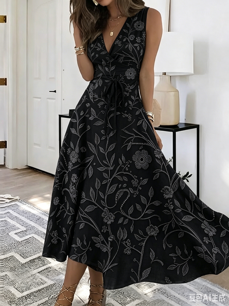Women Floral Summer Dress V Neck Sleeveless A-Line Dress