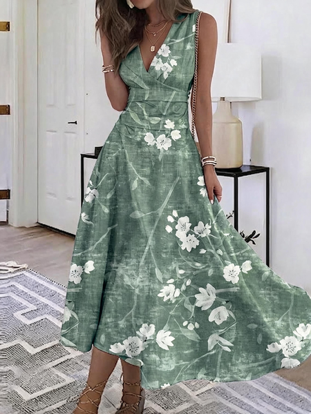 Women Floral Summer Dress V Neck Sleeveless A-Line Dress