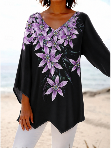 V Neck Long Sleeve Floral Regular Loose Blouse For Women