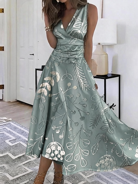 Women Floral Summer Dress V Neck Sleeveless A-Line Dress