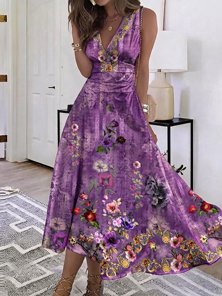 Women Floral Summer Dress V Neck Sleeveless A-Line Dress