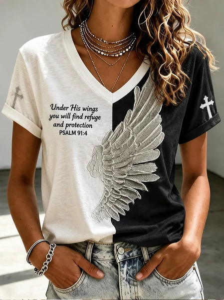 Women Geometric Short Sleeve Tee T-shirt V Neck Casual Summer Top