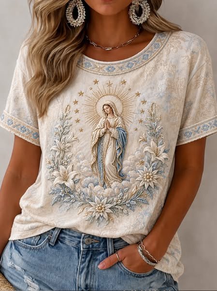 Women Floral Short Sleeve Tee T-shirt Crew Neck Casual Summer Top