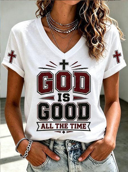 Women Geometric Short Sleeve Tee T-shirt V Neck Casual Summer Top