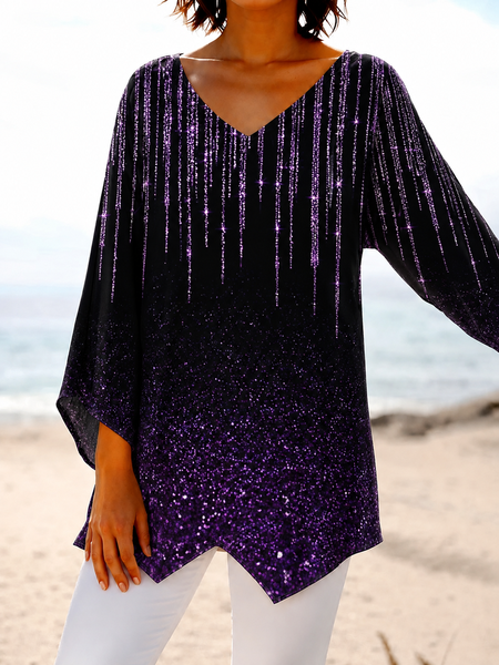 Women Starry Sky V Neck Long Sleeve Blouse Casual Daily Spring/Fall Top